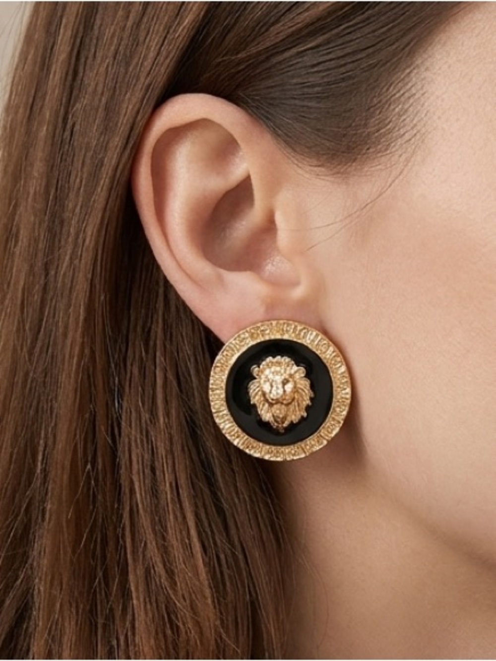 Striking Golden Lion Head Studs with Sleek Black Enamel